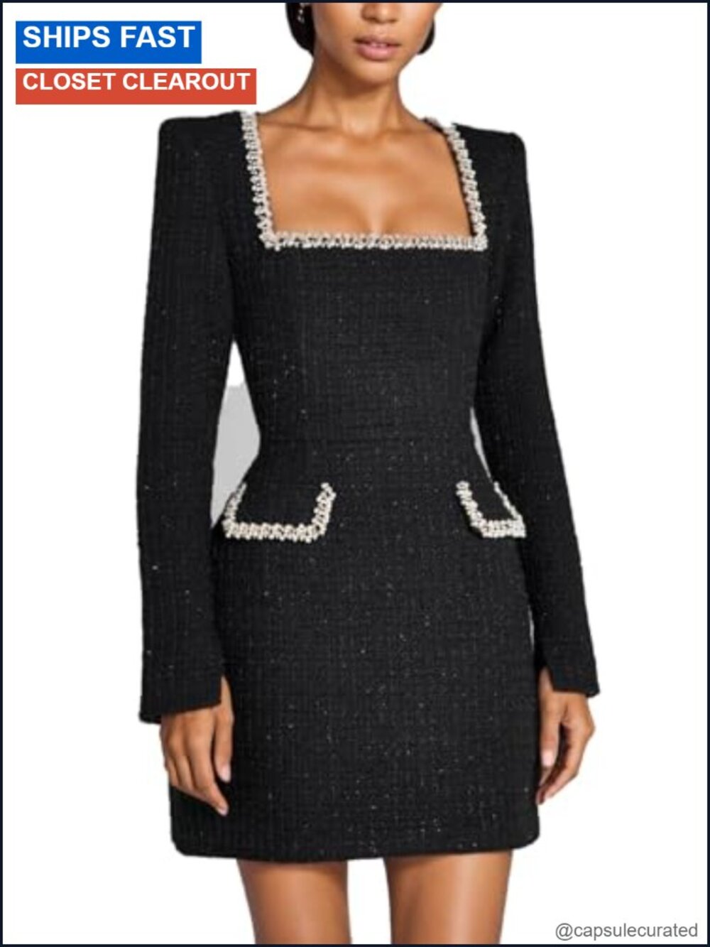 Women's Square Neck Tweed Mini Dress Long Sleeve Pearl A-Line Formal Party